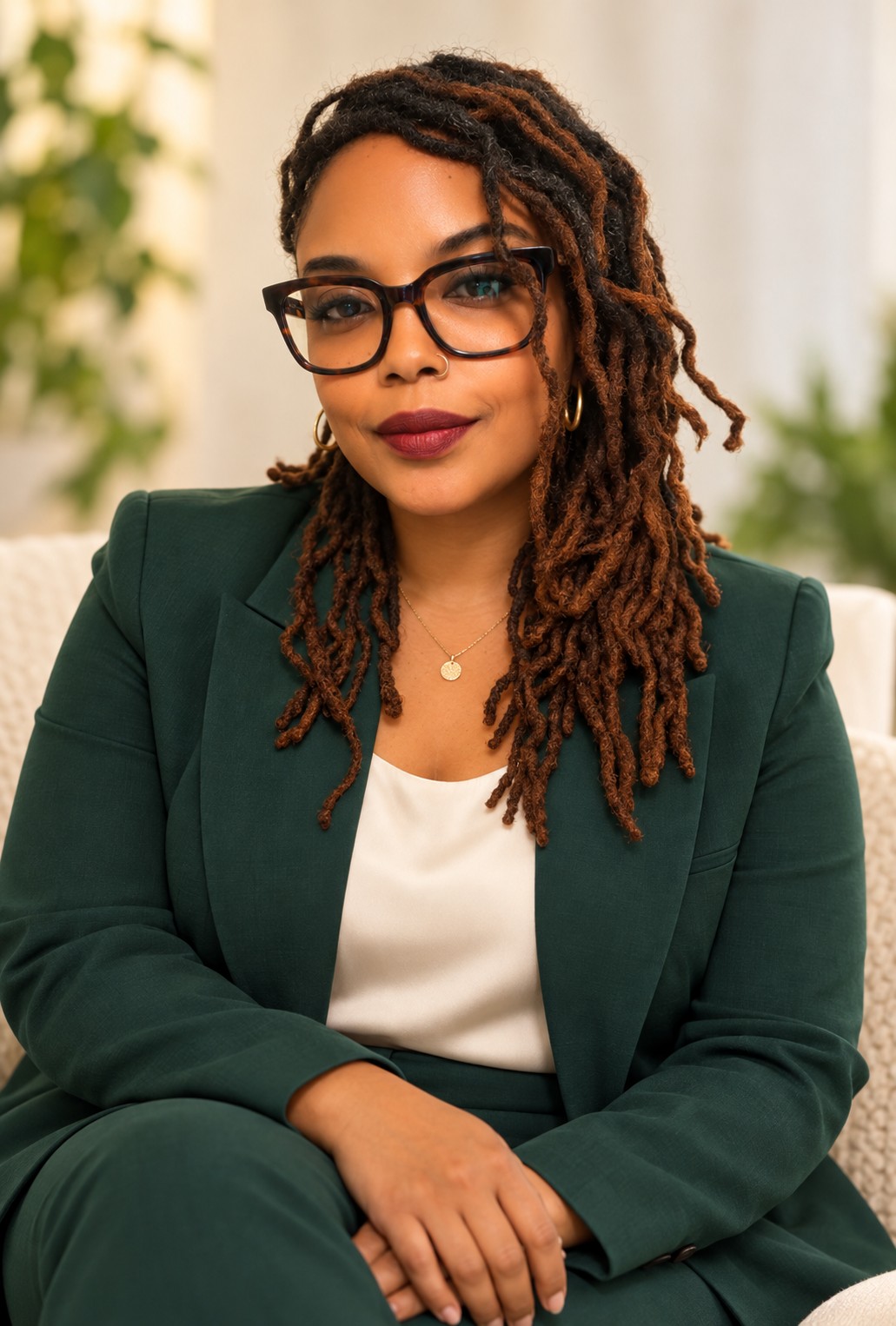 Teresa Howell, wedding officiant, in a forest-green business suit